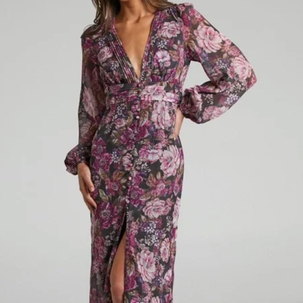 Showpo Lorelei Midaxi Dress- V-neck Balloon Sleeve in Harvest Floral